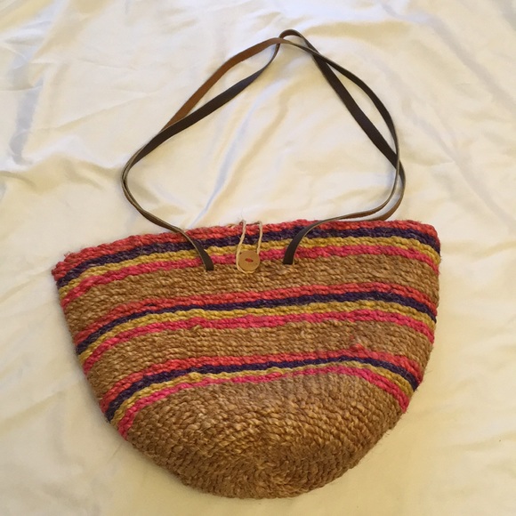 unknown Handbags - Straw Tote Bag, Pink, Yellow, Purple Stripes, EUC